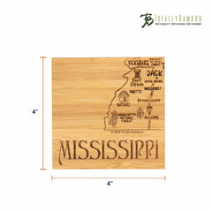 This distinctive bamboo coaster, included in the 4-Piece Mississippi Puzzle Coaster Set with Case from Totally Bamboo, features a laser-engraved map of Mississippi. It highlights cities such as Vicksburg, Natchez, and Jackson, along with detailed landmarks like the Homochitto National Forest. The coaster measures 4x4 inches.