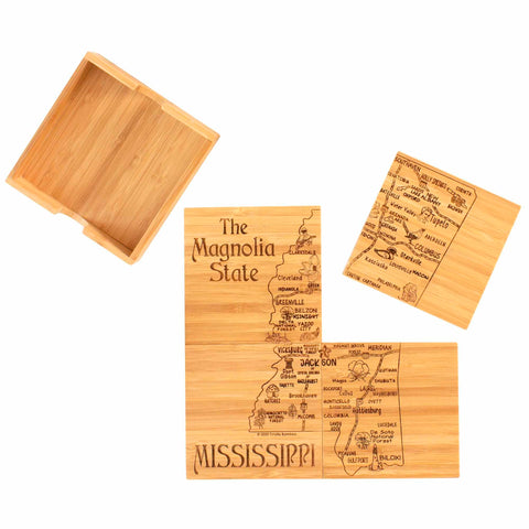 Mississippi map and attractions artwork engraved across 4 square bamboo coasters with one coaster  and bamboo storage case to the side