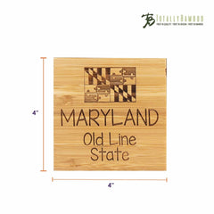 This distinctive bamboo square coaster showcases laser-engraved artwork of the Maryland state flag alongside the text "Maryland Old Line State." Measuring 4 inches by 4 inches, it prominently displays the "Totally Bamboo" logo at the top right corner. Ideal for inclusion in the 4-Piece Maryland Puzzle Coaster Set with Case.