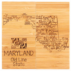 The 4-Piece Maryland Puzzle Coaster Set with Case from Totally Bamboo features intricately detailed laser-engraving of Maryland's map, including city names, landmarks, and the state nickname "Old Line State," along with the Maryland flag adorning the bottom left corner, transforming it into a captivating piece of artwork.