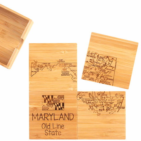 Maryland map and attractions artwork engraved across 4 square bamboo coasters with one coaster  and bamboo storage case to the side