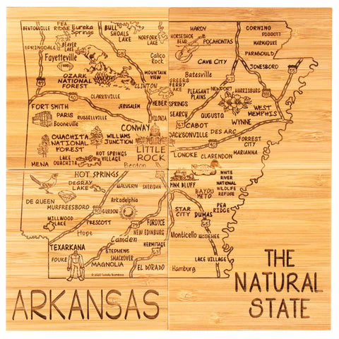 This laser-engraved artwork by Totally Bamboo highlights Arkansas with a wooden map featuring intricate illustrations of cities, regions, and landmarks. Labeled "The Natural State," it creatively portrays rivers, forests, and geographic features. Ideal as a gift or as part of the 4-Piece Arkansas Puzzle Coaster Set with Case.