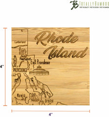 This distinctive bamboo coaster set, part of the 4-Piece Rhode Island Puzzle Coaster Set with Case by Totally Bamboo, is laser-engraved with a map featuring cities such as Providence, Cumberland, and Warwick. Each piece measures 4 inches by 4 inches and proudly displays the Totally Bamboo logo in the top right corner—ideal for any State Puzzle Coaster Set enthusiast.