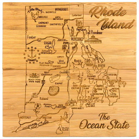 A Totally Bamboo 4-Piece Rhode Island Puzzle Coaster Set with Case, featuring laser-engraved maps of cities such as Providence and Newport. It includes landmark illustrations and the phrase "The Ocean State," capturing the local culture and attractions with unique detail.