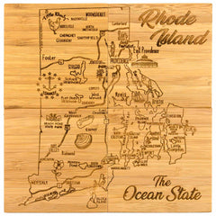 A Totally Bamboo 4-Piece Rhode Island Puzzle Coaster Set with Case, featuring laser-engraved maps of cities such as Providence and Newport. It includes landmark illustrations and the phrase "The Ocean State," capturing the local culture and attractions with unique detail.