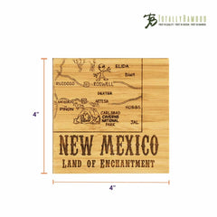 The 4-Piece New Mexico Puzzle Coaster Set with Case by Totally Bamboo features a distinctive bamboo piece adorned with a laser-engraved map of New Mexico, highlighting Ruidoso, Roswell, and Carlsbad Caverns National Park. The phrase "New Mexico Land of Enchantment" elegantly appears at the bottom, and each coaster measures 4x4 inches.