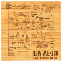 Introducing the "4-Piece New Mexico Puzzle Coaster Set with Case" by Totally Bamboo. This distinctive wooden coaster set is intricately designed as a map of New Mexico, showcasing landmarks and symbols for cities such as Albuquerque and Santa Fe. It also includes natural wonders like Carlsbad Caverns and UFO motifs in Roswell. Each laser-engraved piece proudly reads "New Mexico Land of Enchantment.