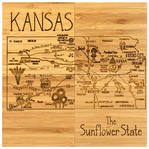 Totally Bamboo's 4-Piece Kansas Puzzle Coaster Set with Case features a wooden design laser-engraved with a map of Kansas, highlighting cities such as Wichita, Topeka, and Kansas City. It also showcases landmarks and symbols like sunflowers and wheat, prominently displaying "Kansas" and "The Sunflower State.