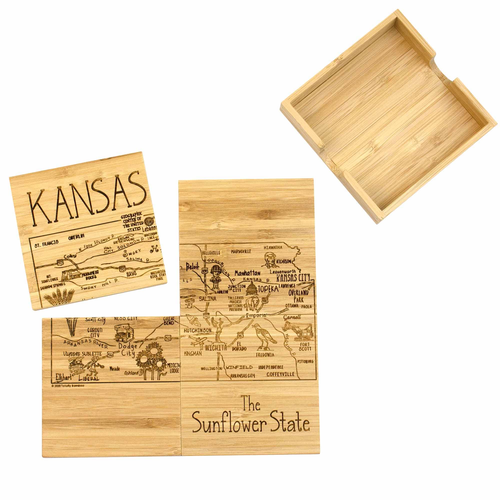 Personalized Engraved Kansas State Puzzle 4 Piece Bamboo Coaster Set top with Case