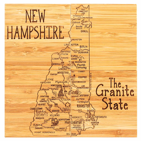 Introducing the "4-Piece New Hampshire Puzzle Coaster Set with Case" by Totally Bamboo. This intricately laser-engraved wooden set features carvings of cities, towns, and natural landmarks of New Hampshire. With "New Hampshire" at the top and "The Granite State" on the right, this unique coaster set is a perfect gift for any geography enthusiast.
