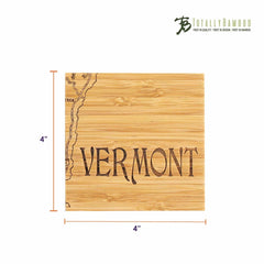 Introducing a distinct square bamboo coaster featuring "VERMONT" and partial map engravings, this laser-engraved piece measures 4x4 inches. It proudly displays the "Totally Bamboo" logo in the upper right corner, making it an ideal addition to any 4-Piece Vermont Puzzle Coaster Set with Case.