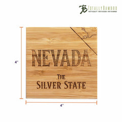 This distinctive coaster set, part of the 4-Piece Nevada Puzzle Coaster Set with Case by Totally Bamboo, showcases a square bamboo design with "Nevada The Silver State" laser-engraved on it. The top right corner features a small outline of the state's map next to the Totally Bamboo logo. Each coaster measures 4 inches by 4 inches.