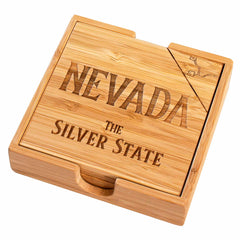 Introducing a wooden bamboo cheese board, elegantly engraved with "Nevada The Silver State," showcasing an outline of Nevada in the top right corner. Pair this with Totally Bamboo's 4-Piece Nevada Puzzle Coaster Set with Case for a unique touch that celebrates the Silver State's charm.