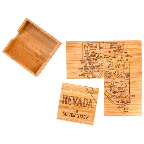 Explore the distinctive 4-Piece Nevada Puzzle Coaster Set with Case from Totally Bamboo, featuring beautifully laser-engraved bamboo coasters that display a Nevada map with highlighted cities and landmarks. This exquisite set includes a matching bamboo holder, elegantly showcasing both "Nevada" and "The Silver State.