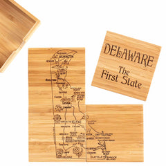 These bamboo cutting boards, beautifully laser-engraved with a map of Delaware, highlight towns such as Wilmington and Dover. A smaller board is emblazoned with "DELAWARE The First State." Complement them with our Totally Bamboo 4-Piece Delaware Puzzle Coaster Set with Case for the perfect matching kitchen ensemble.