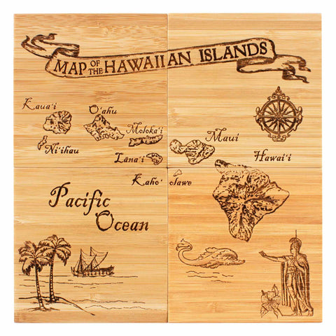 Totally Bamboo Vintage Hawaiian Map Puzzle 4 Piece Bamboo Coaster Set with Case