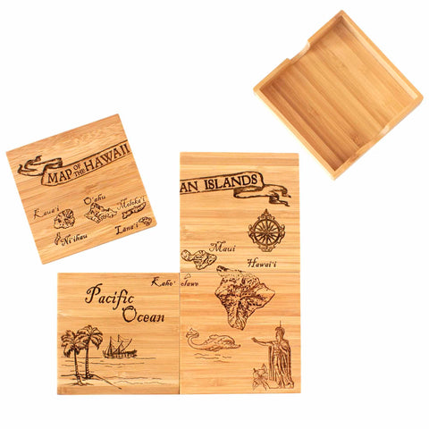 Discover the Totally Bamboo 4-Piece Hawaii Puzzle Coaster Set with Case, showcasing laser-engraved artwork of Hawaii and the Pacific Ocean. Each coaster is adorned with island names and decorative elements such as a ship, compass, and palm trees. This set comes complete with a matching wooden holder to keep your coasters neatly organized.