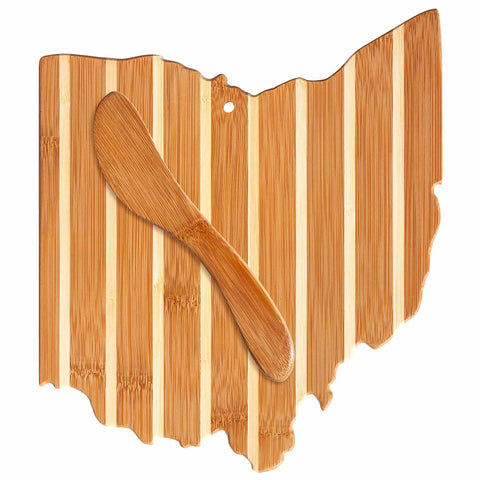 Introducing the Ohio Serving Board with Spreader Knife Gift Set from Totally Bamboo, featuring a stunning combination of light and dark wooden tones arranged in vertical stripes. This beautiful wooden board, paired with a bamboo spreading knife, is perfect for charcuterie presentations and adds rustic charm to any gathering.