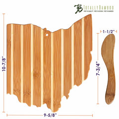 The Ohio Serving Board with Spreader Knife Gift Set by Totally Bamboo features a beautifully striped wooden board and a sleek bamboo spreading knife, elegantly displayed on a white background. Measuring 10-7/8" x 9-5/8", this set is ideal for presenting charcuterie delights. The "Totally Bamboo" logo adorns the top, lending authenticity and charm.