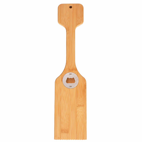 The Totally Bamboo BBQ Grill Scraper with Bottle Opener is a versatile Moso bamboo tool, designed in a paddle shape and equipped with a metal bottle opener at its center, making it perfect for opening bottles and serving as a handy grill scraper.