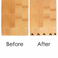 A comparison of two wooden boards reveals an intriguing transformation. The left board, smooth and labeled "Before," contrasts with the right, textured by bite marks from a Totally Bamboo BBQ Grill Scraper with Bottle Opener, aptly labeled "After.