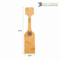 Introducing the "BBQ Grill Scraper with Bottle Opener" by Totally Bamboo, expertly crafted from Moso bamboo. This handy tool is 15-1/2 inches long and 3-3/4 inches wide, complete with a built-in bottle opener and the "Totally Bamboo" logo prominently displayed in the top right corner.