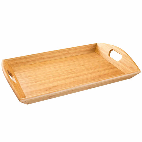 A Butler's Serving Tray with Handles by Totally Bamboo, measuring 23" x 15" x 3", featuring a rectangular design with raised edges and two cut-out handles on the shorter sides, placed on a white background.