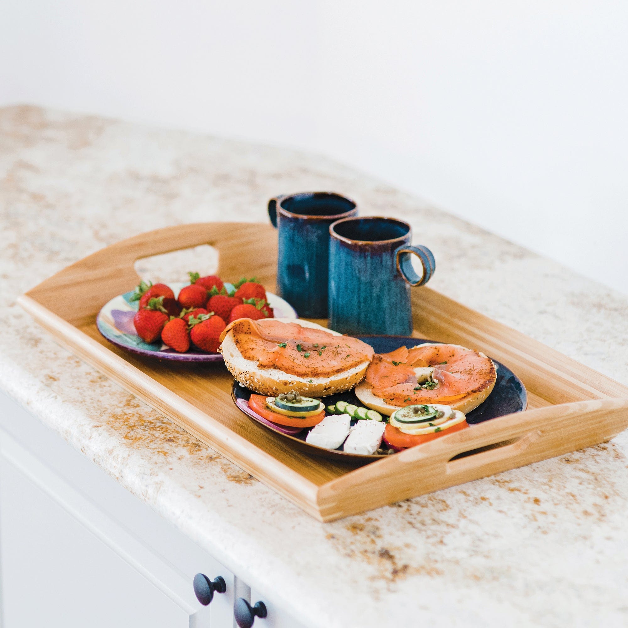 Bamboo Serving Tray, Dinner Tray with Phone Stand, Food Trays for