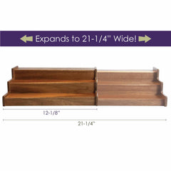 Two TB Home® 3-Tier Expandable Spice Racks by Totally Bamboo are displayed alongside each other. Each organizer features three tiers and can expand to a total width of 21-1/4 inches, with individual sections measuring 12-1/8 inches each. A purple banner emphasizes the expanded width, showcasing it as an ideal tiered organizer.