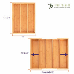 The Totally Bamboo Expandable Drawer Organizer set includes two bamboo organizers perfect for kitchen organization, available in compact and expandable sizes ranging from 13 inches to 22 inches wide. Both organizers measure 17-3/4 inches high and feature four compartments. Arrows indicate the expansion feature, with "Totally Bamboo" displayed in the top right corner.