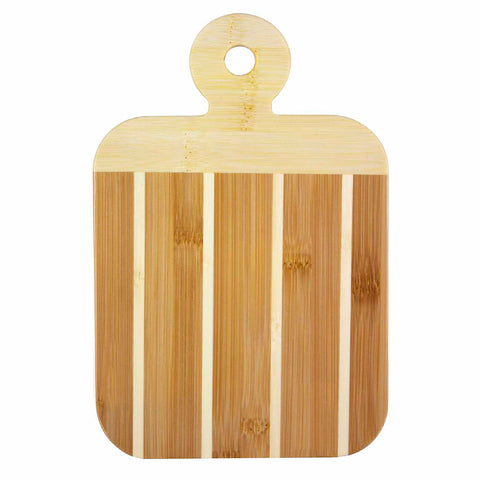 The Totally Bamboo Striped Small Paddle Serving Board, measuring 9" x 6", is made from Moso bamboo with vertical stripes, a rounded top, and a convenient circular hole for hanging. Its visible wood grain highlights the natural texture and color variations, making it ideal for charcuterie displays.