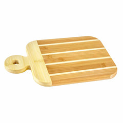 The Totally Bamboo Striped Small Paddle Serving Board, measuring 9" x 6", is ideal for charcuterie. It features a charming design with alternating light and dark wood stripes, a practical handle, and a round hole for easy hanging.