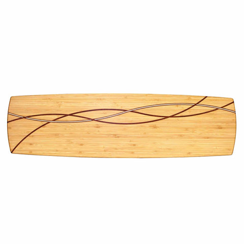 The Del Mar Extra-Large Charcuterie Board by Totally Bamboo, measuring 30" x 8-1/2", features a light Moso bamboo finish with an elegant pattern of curved, intersecting lines in darker wood. Its sleek and minimalist design is perfect for a charcuterie spread and is beautifully complemented by the natural bamboo grain.