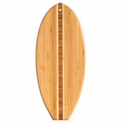 The Totally Bamboo Li'l Surfer Cutting Board, measuring 14-1/2" x 6", is a uniquely designed surfboard-shaped cutting board made from wood. It features an eye-catching striped pattern down the center, and its oval shape with a handy hole near the tip makes it ideal for hanging, combining style with practicality.