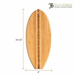 The Li'l Surfer Cutting Board, by Totally Bamboo, is a bamboo cutting board crafted in a sleek, surfboard-inspired oval shape. It includes a central dark stripe and measures 14-1/2 inches long by 6 inches wide, with the "Totally Bamboo" logo tastefully positioned in the upper right corner.