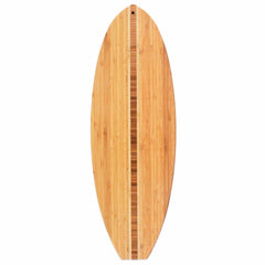 The Surfboard Shaped Cutting Board by Totally Bamboo features a wood pattern with a light brown finish and a darker central stripe running vertically, giving it the appearance of a skimboard. Its smooth oval design highlights the grain and texture, while remaining knife-friendly for precise cutting. Measuring 23" x 7-1/2", this board combines functionality with aesthetic appeal.