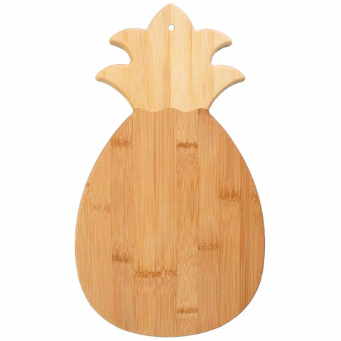 The Totally Bamboo Pineapple Shaped Cutting Board, measuring 14-3/8" x 7-1/2", offers a smooth surface ideal for charcuterie displays and comes with a small hole near the top for convenient hanging.