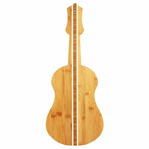 Crafted by Totally Bamboo, the Ukulele Shaped Cutting Board measures 22" x 9", featuring a smooth, light wood texture enhanced by a dark central stripe. This artistic piece not only serves as a functional cutting board but also as elegant wall art, complete with a small hole at the top for easy hanging.