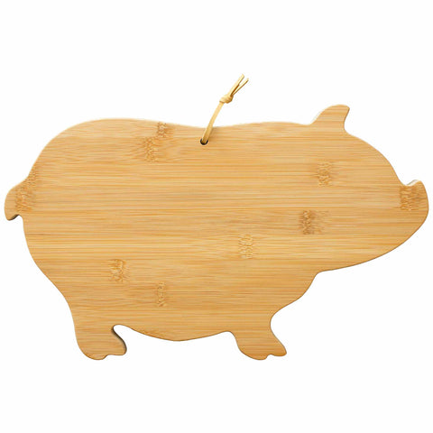 The Totally Bamboo Pig Shaped Cutting Board, measuring 15-5/8" x 9-1/2", is crafted from wood and includes a small rope loop for hanging, making it a delightful gift option.