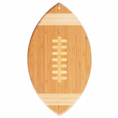 The Totally Bamboo Football Shaped Cutting Board, measuring 15" x 8-1/2", serves as a stylish tailgate serving board with light and dark wood patterns that resemble laces and stripes.