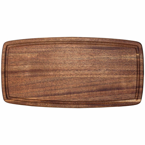 The TB Home® Cutting Board with Juice Groove by Totally Bamboo is a rectangular acacia wood board measuring 14" x 7". It showcases a rich brown grain pattern with slightly rounded edges, while its smooth, mark-free surface is enhanced by a subtle juice groove for added functionality.