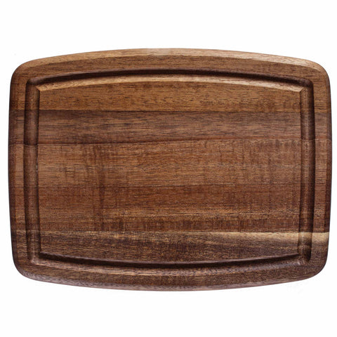 The TB Home® Small Cutting Board with Juice Groove, measuring 8" x 6", by Totally Bamboo, is beautifully crafted from rich, dark brown acacia wood featuring distinct grain patterns and includes a practical juice groove around the edge.