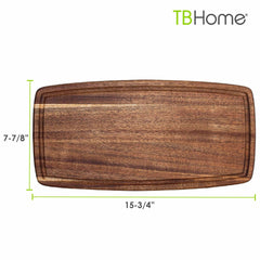 16 inch Acacia Wood cutting board with juice groove with dimensions listed, measures 15-3/4 inches by 7-7/8 inches