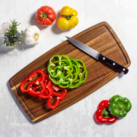 16 inch Acacia Wood Cutting Board with Juice Groove with knife and vegetables