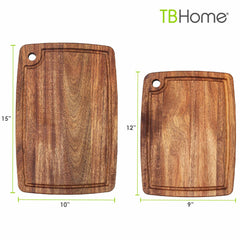 Acacia Wood Cutting Board set with dimensions listed, large board measures 10 inches by 15 inches; small board measures 9 inches by 12 inches