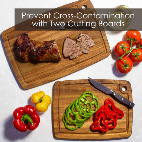 Photo of Acacia Wood Cutting Board set, large board has prime rib, small board has vegetables, text reads prevent cross-contamination with two cutting boards