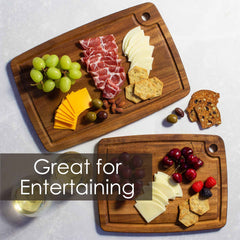 Acacia Wood Cutting Board set serving charcuterie food with glasses of wine, text reads great for entertaining