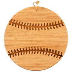 Introducing the Totally Bamboo Baseball Shaped Cutting Board, measuring 12" x 12", this round wooden board is crafted from durable bamboo and designed to resemble a baseball with engraved seams and a convenient hanging loop. It's perfect for adding a sporty touch to your kitchen essentials, making it ideal for game day entertaining.