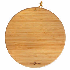 This baseball-shaped cutting board by Totally Bamboo, measuring 12" x 12", is perfect for game day entertaining. It features a smooth finish with a hanging loop at the top and showcases a subtle grain pattern along with a small logo near the bottom edge, adding a touch of style to your kitchen.