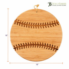 Ideal for game day gatherings, the 12" x 12" Baseball Shaped Cutting Board from Totally Bamboo features a distinctive baseball stitching pattern. Made from durable bamboo, it includes a handy loop at the top and proudly displays the "Totally Bamboo" logo in the upper right corner, making it a perfect choice for baseball enthusiasts.